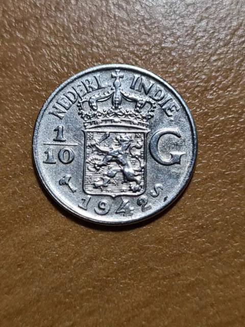 1942 1/10 Gulden - Netherlands East Indies Coin - Rare In VF Condition - Wow!