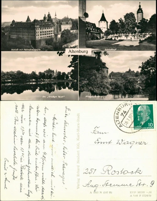 ALTENBURG DDR MEHRBILDPOSTKARTE mit Schloß, Großer Teich 4 Fotos 1967