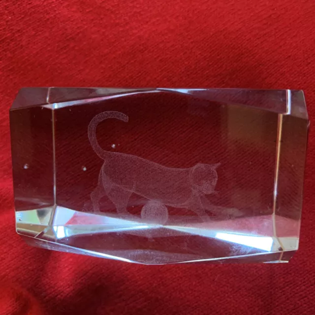 CAT  3D Laser Etched Crystal Glass Block Paperweight Fireworks 3” 🐈