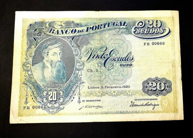 Banknote Banco De Portugal 20 Escudos Ouro Lisboa 5 Fevereiro 1920  Rare !