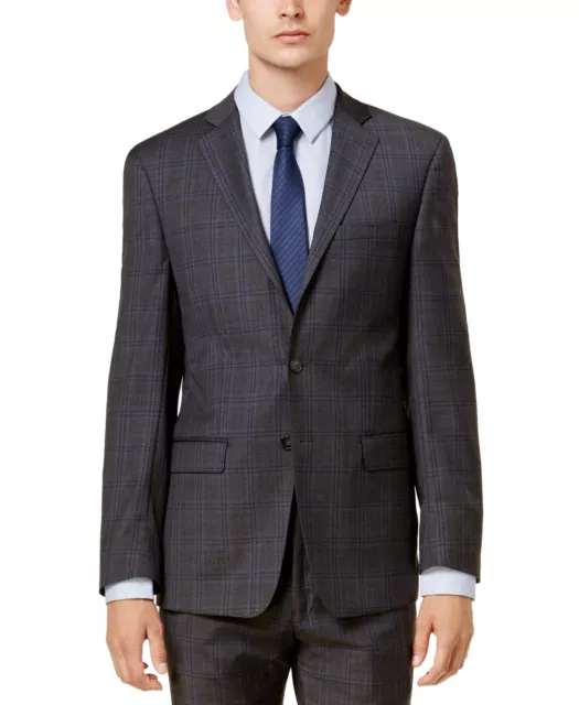 Calvin Klein Slim Fit Wool 2 Piece Mens Set Suit Dark Gray Blue Plaid Suit Y0796