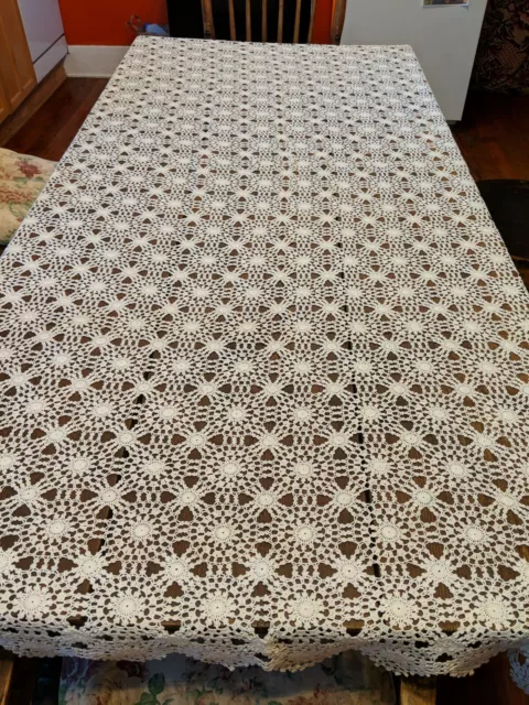 Lovely Large  Hand Crocheted Lace Tablecloth