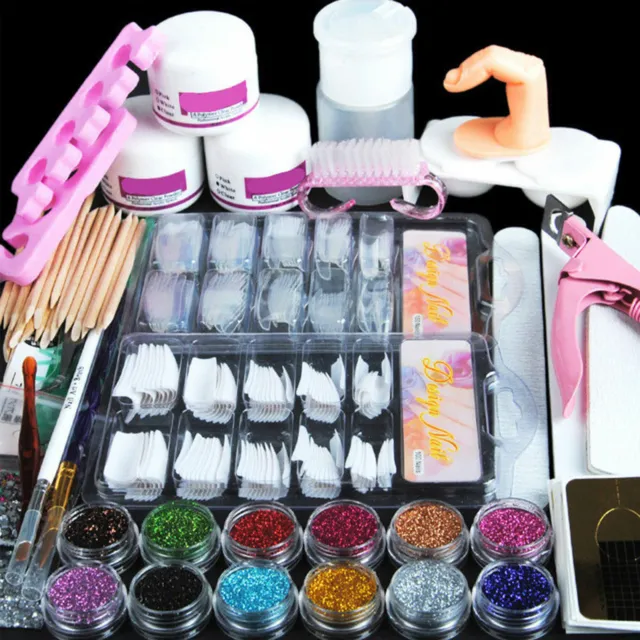 Acrylic Nail Kit Acrylic Powder Glitter Nail Art Manicure Tool Tips Brush Set US