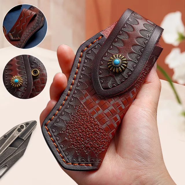 Handmade Carved Cow Leather Sheath Pocket for 4" Folding Knife Belt Holster Case