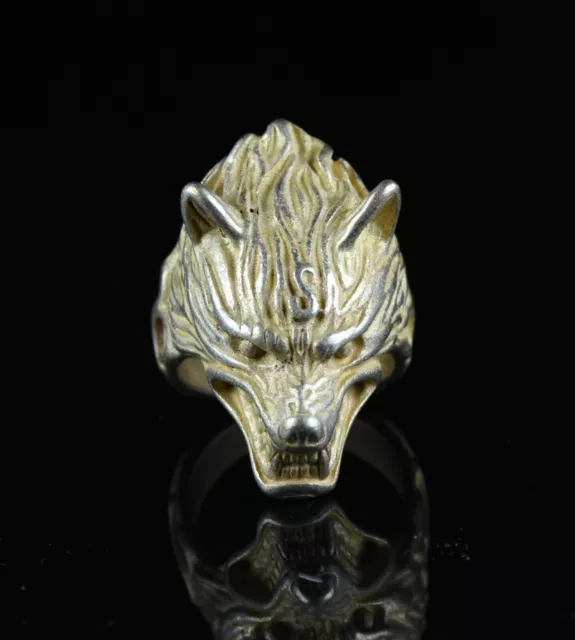 3CM Rare Old Chinese Miao Silver Feng Shui Wolf Head Jewelry Finger Ring