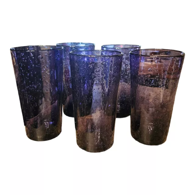 Purple Hand Blown Glasses Set of 5 Art Glass Tumblers 6" Barware 16oz