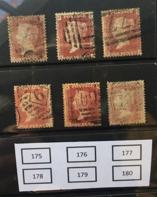 GB Victoria SG43/SG44. QV Penny Red plates 175,176,177,178,179,180