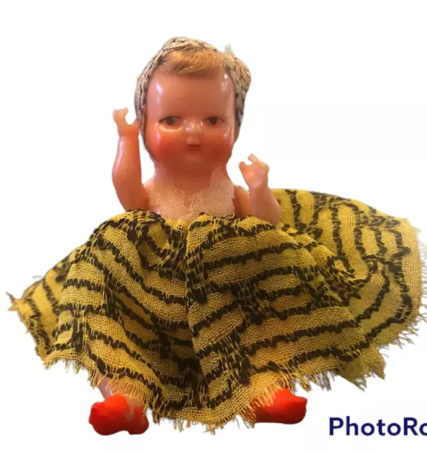 VTG  Miniature German Kerchief Itt Bitty Baby Dollhouse Doll~Jointed~Celluloid