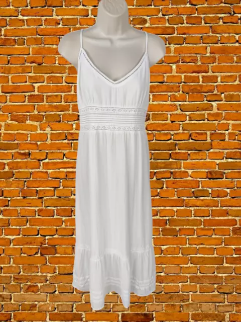 Womens H&M Size Uk 14 M White Lace Spaghetti Strap Fit & Flare Long Maxi Dress