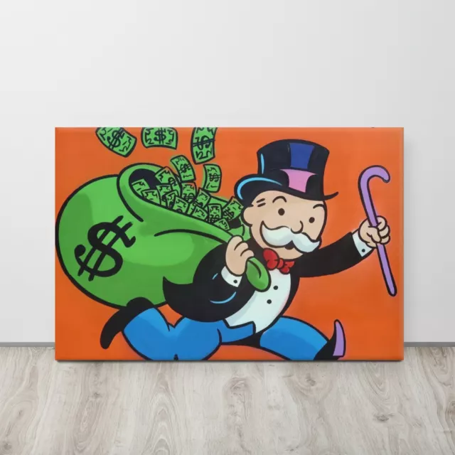 Alec Monopoly Canvas Mr Monopoly Running with Huge $ Bag Framed Wall Picture