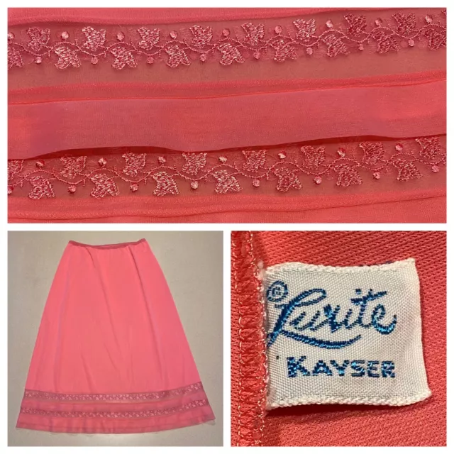 Vtg Luxite Kayser Pink Half Slip Nylon Sheer Embroidered At Bottom Womens Medium