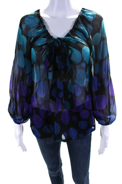 Diane Von Furstenberg Womens Silk Sheer V-Neck Long Sleeve Blouse Purple Size 4