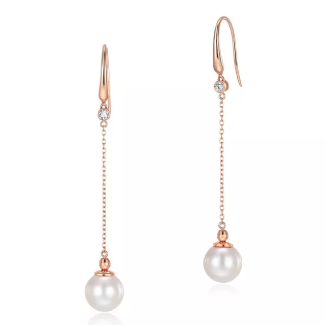 18K  Rose Gold Diamond Akoya (Japan) Pearl (7-8 mm) Long Line Dangle Earrings