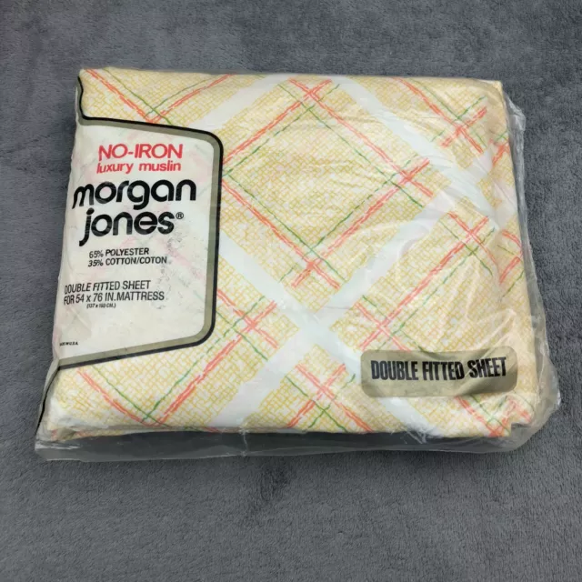 Vintage Morgan Jones No Iron Muslin Double Fitted Sheet Yellow Plaid Retro 70s