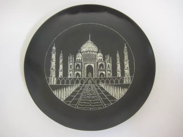 Vintage India Taj Mahal Hand Chased Black To Silver Metal Plate, 6 1/2" Dia