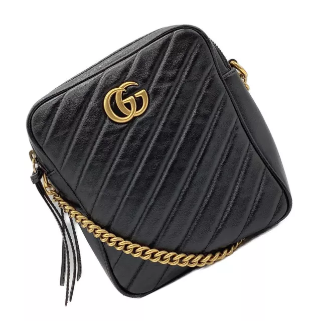 GUCCI GG Marmont Mini Double Zip Chain Shoulder Bag Black Quilted Leather Auth