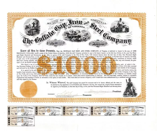 Buffalo Gap, Iron and Steel Co. - $1,000 1873 dated Bond - Mining Bonds