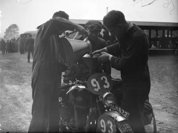 George Rowley�s AJS is refuelled 1938 Motor Racing Old Photo
