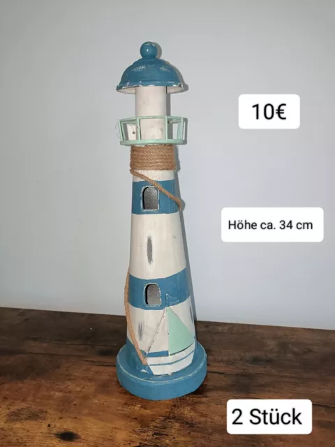 Sale Neu Deko Holz Leuchtturm 34 cm Blau Weiß maritime Deko