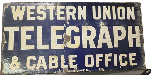 Vintage Western Union Telegraph & Cable Office Porcelain Flange Sign