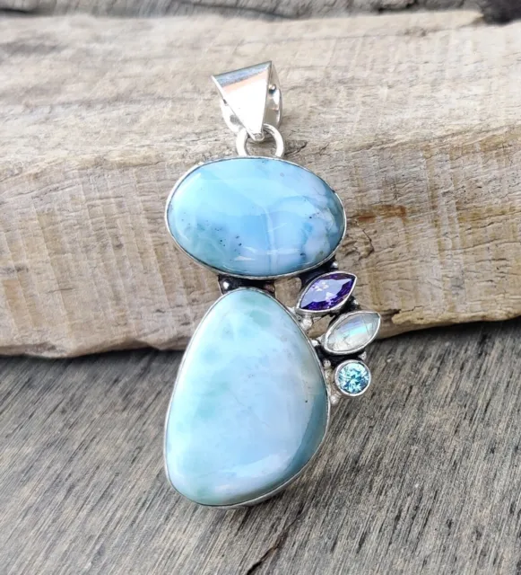 Natural Larimar Pendant 925 Sterling Silver Amazing Neck Jewelry Handmade MO452