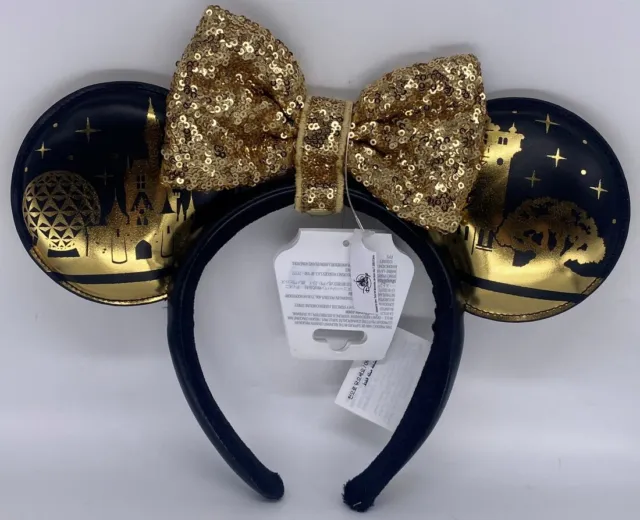 Disney 4 Parks Icon WDW Minnie Mouse Black Gold Detachable Bow Ears Headband