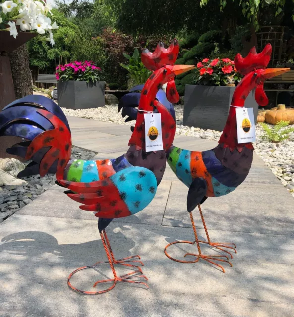 Gartenskulptur Hahn & Huhn handgemachte Figur Metallfigur Bunt Teichfigur Deko