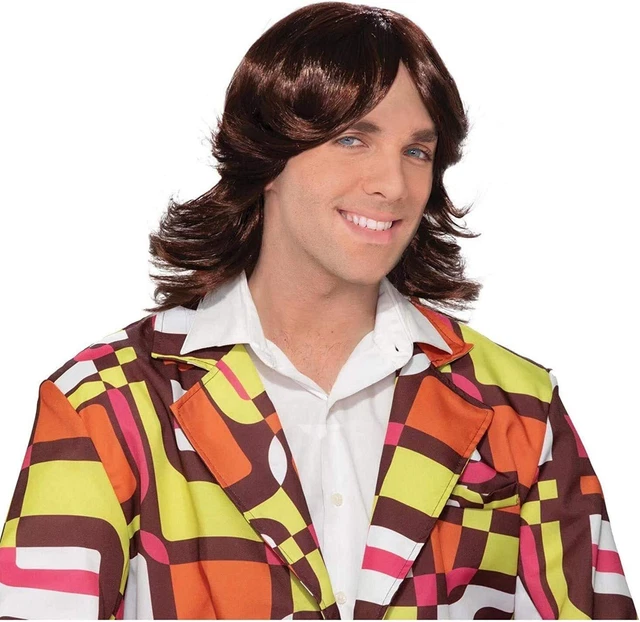 70's Guy Feathered Brown Wig Fancy Dress Up Halloween Adult Costume Accessory