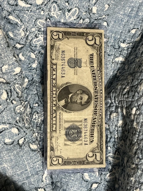 1934 Five Dollar  Silver Certificate $5 Bill Blue Seal Note, 1 Note Fancy Serial