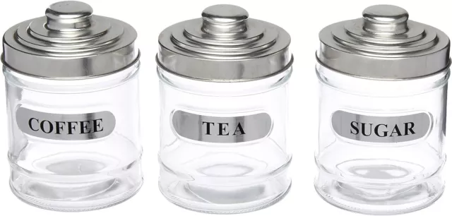 3Pc Kitchen Glass Tea Coffee Sugar Stainless Steel Lid Jar Canister Storage New