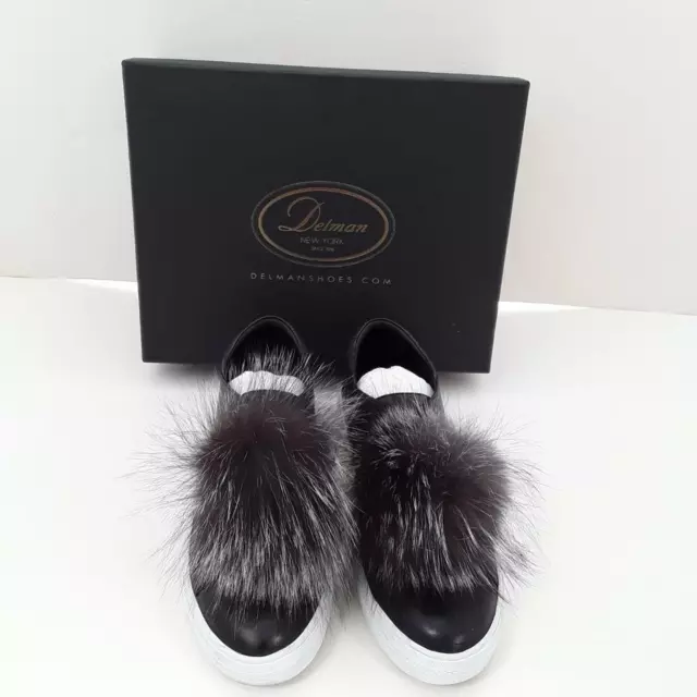 Delman Marli Black Leather Frosted Fox Pom Pom Slip On Sneakers 8.5 $450 2