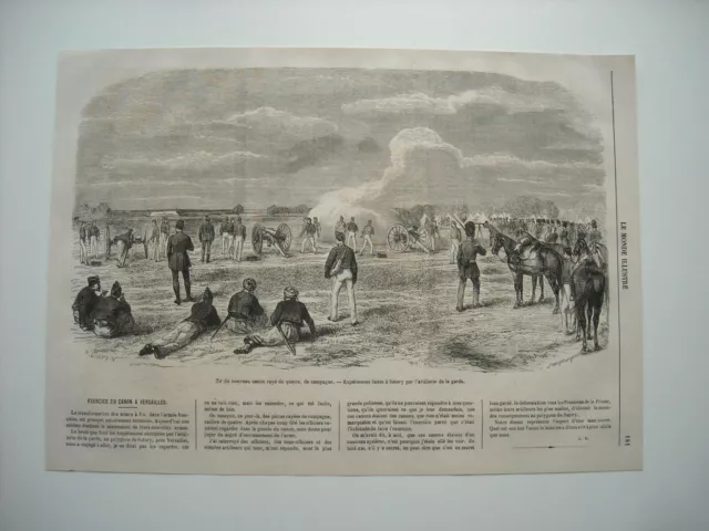 1867 Engraving. Shooting Of The New Four-Ray Cannon, In Campaign A Satory By Arti