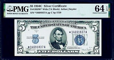 $5 1934C Silver * Star Certificate Fr#1653W* Wide PMG 64 EPQ Choice Uncirculated