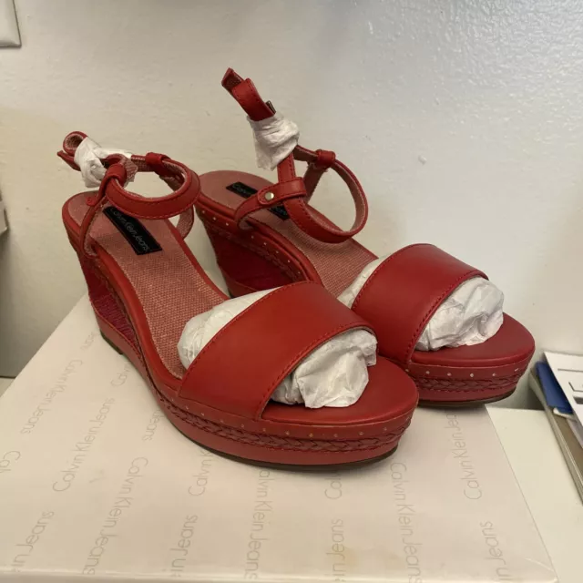 Women's Calvin Klein Sandrine Red Wedge Sandal Heels Sz 8M