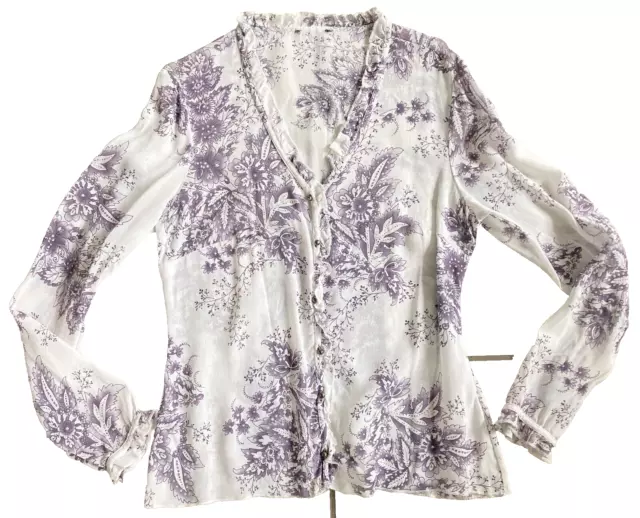 Camicia trasparente floreale vintage St Michael viola e bianco UK 10 raramente indossata MS