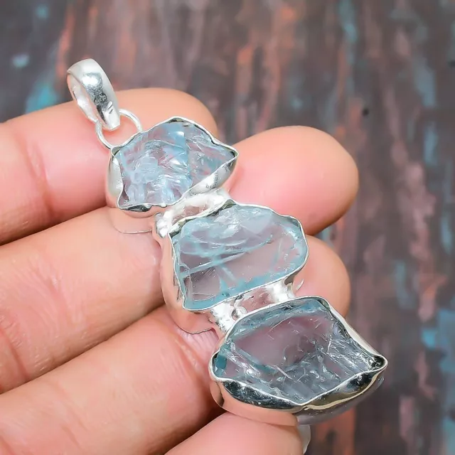Aquamarine Rough Gemstone Handmade Jewelry Pendant 2.17" i557
