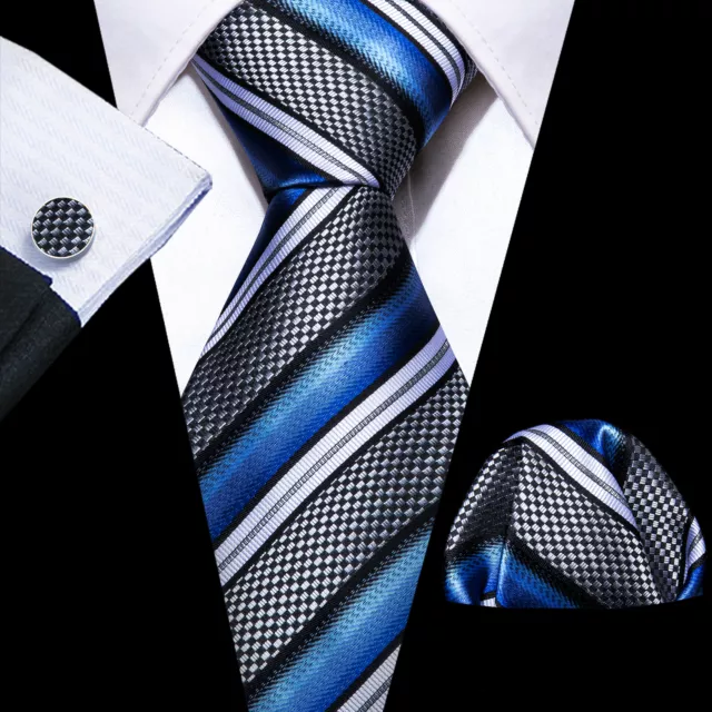 Mens Ties Blue Grey White Striped Silk Tie and Handkerchief Square Set Necktie