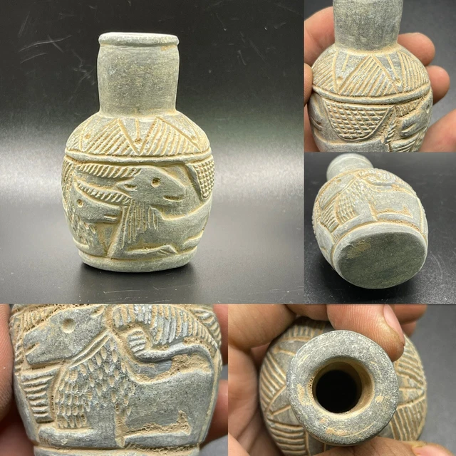 Wonderful Bactrian Old Stone Carved Decorated Vessel Depicting Animals Figures