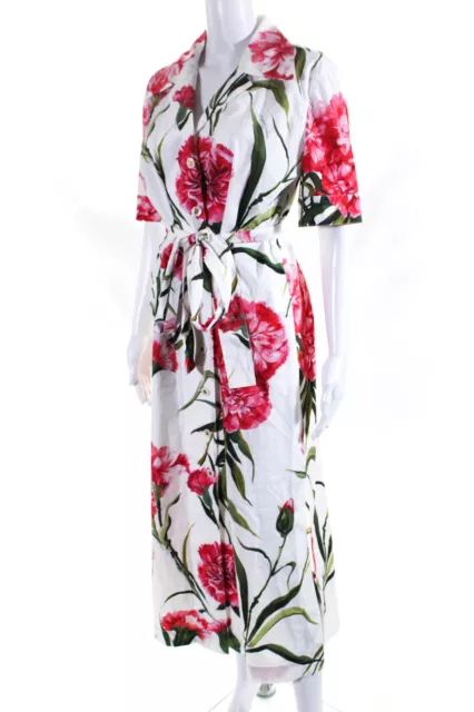 DOLCE & GABBANA Womens Floral Belted Midi A Line Shirt Dress White Pink ...