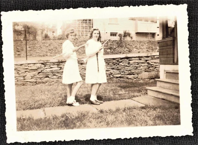 Vintage Antique Photograph Two Girls Holding Batons - Majorettes - Saddle Shoes