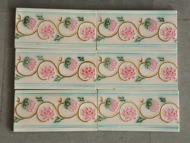 6 Pc Vintage Flower Embossed D.K Mark Colorful Ceramic Tiles,Japan