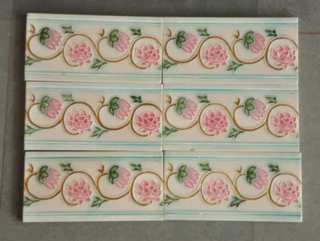 6 Pc Vintage Flower Embossed D.K Mark Colorful Ceramic Tiles,Japan
