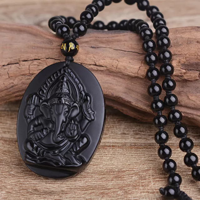 Schwarz Obsidian Ganesha Elefant Halskette Reichtum Amulett Anhänger Perlenkette
