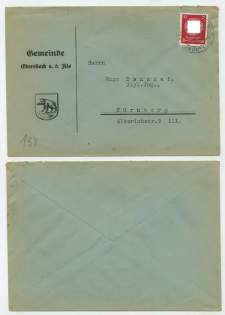 95085 - Mi.Nr. 138 - Beleg Gemeinde Ebersbach a.d. Fils - 20.3.1938