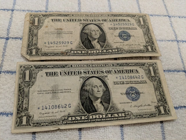1935G Circulated One Dollar $1 Silver Certificate- Blue Seal STAR Bills Set of 2