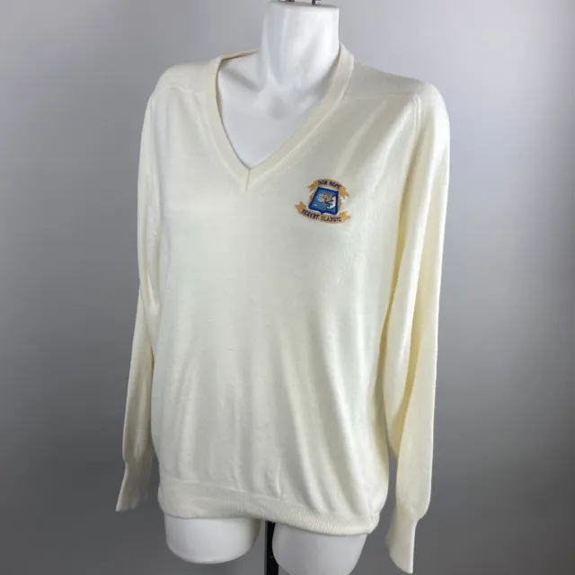 Vtg 70s DiFini Knitwear Cream Bob Hop Desert Classic Embroidered Sweater Medium