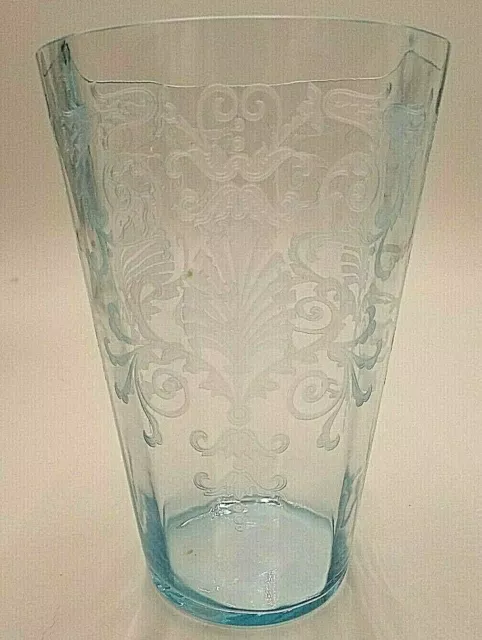 Fostoria Versailles Azure Blue Vase Oyster Etched Glass Ribbed Large Estate Vtg