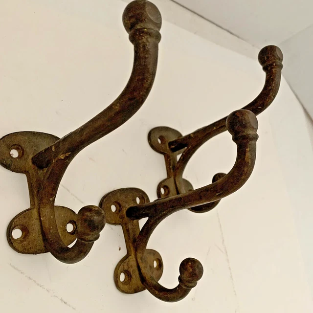 3 Double Coat Hooks Farm House Barn Clothes Bath Robe Cast Iron Metal Vintage