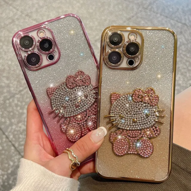 For iPhone 15 14 Pro Max 13 12 11 Cute Hello Kitty Cat Glitter Bling Case Cover