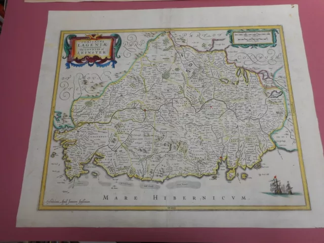 100% Original Large Leinster Map By J Jansson C1646 Vgc Hand Coloured